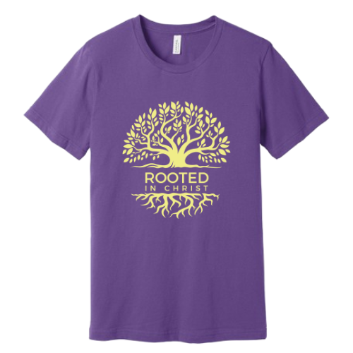 Unisex Jersey Short Sleeve Tee. Rooted in Christ (Purple)