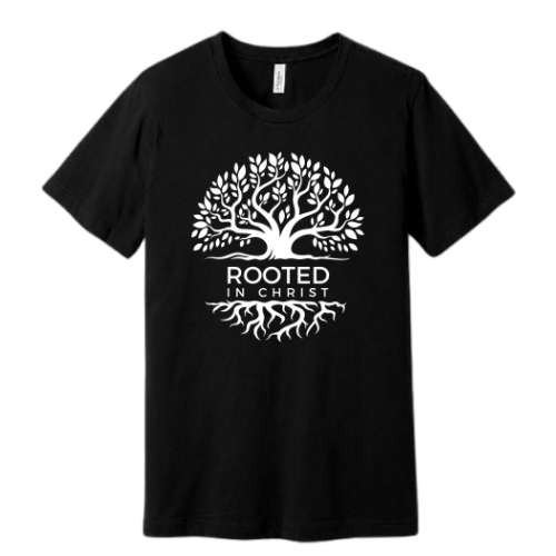 Unisex Jersey Short Sleeve Tee. Rooted in Christ (Black)