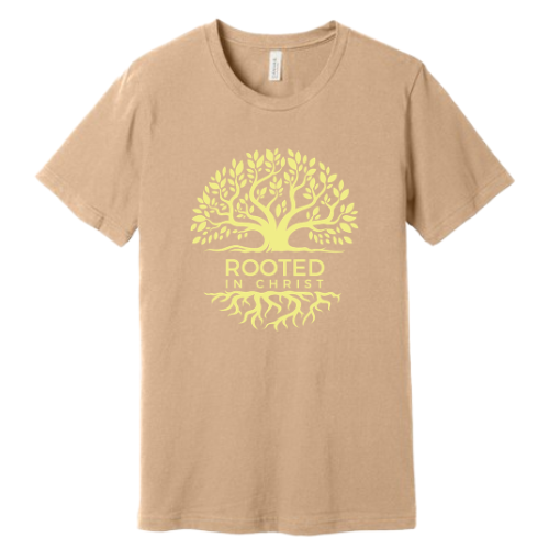 Unisex Jersey Short Sleeve Tee. Rooted in Christ (Sand)