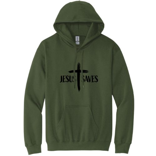 Hooded Sweatshirt - Jesus Saves (cruss) Military Green