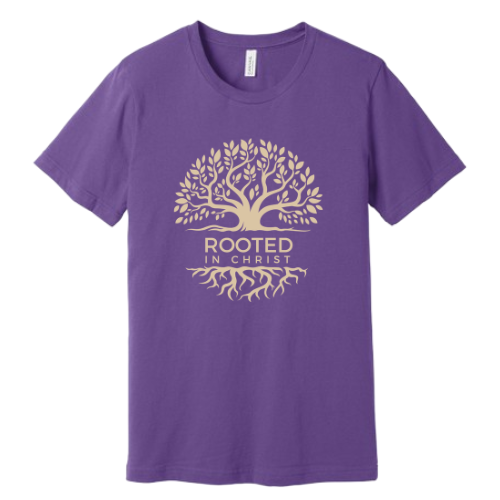 Unisex Jersey Short Sleeve Tee. Rooted in Christ (Purple)