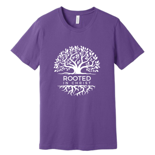 Unisex Jersey Short Sleeve Tee. Rooted in Christ (Purple)