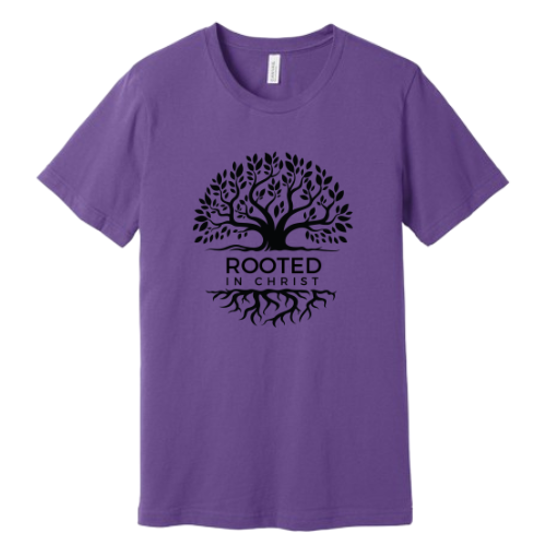 Unisex Jersey Short Sleeve Tee. Rooted in Christ (Purple)