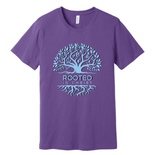 Unisex Jersey Short Sleeve Tee. Rooted in Christ (Purple)
