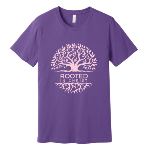 Unisex Jersey Short Sleeve Tee. Rooted in Christ (Purple)