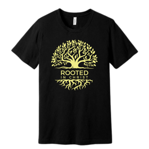 Unisex Jersey Short Sleeve Tee. Rooted in Christ (Black)