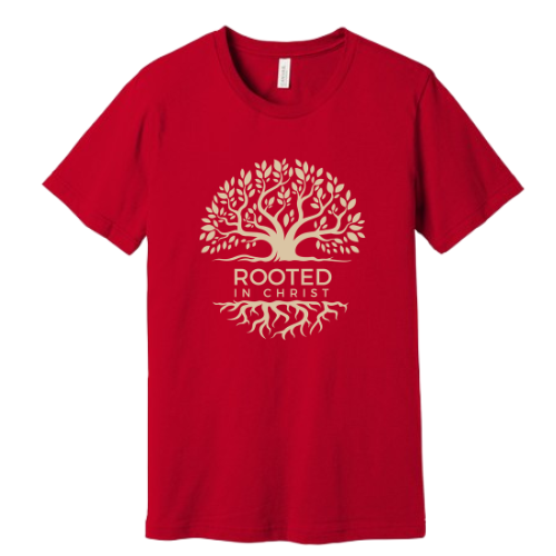 Unisex Jersey Short Sleeve Tee. Rooted in Christ (Red)