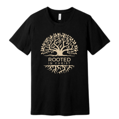 Unisex Jersey Short Sleeve Tee. Rooted in Christ (Black)
