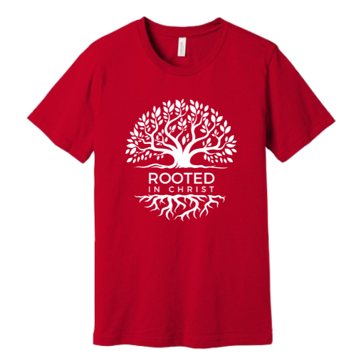 Unisex Jersey Short Sleeve Tee. Rooted in Christ (Red)