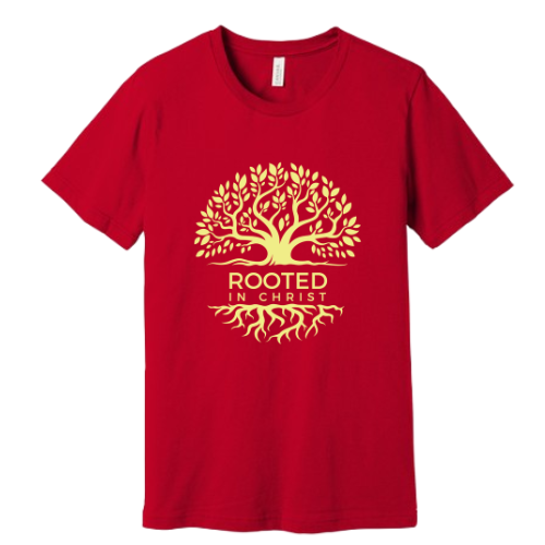 Unisex Jersey Short Sleeve Tee. Rooted in Christ (Red)