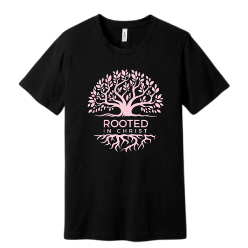 Unisex Jersey Short Sleeve Tee. Rooted in Christ (Black)