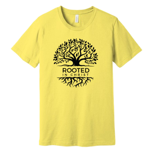 Unisex Jersey Short Sleeve Tee. Rooted in Christ (Yellow)