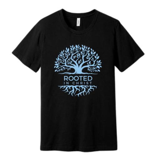 Unisex Jersey Short Sleeve Tee. Rooted in Christ (Black)