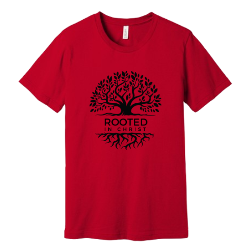 Unisex Jersey Short Sleeve Tee. Rooted in Christ (Red)