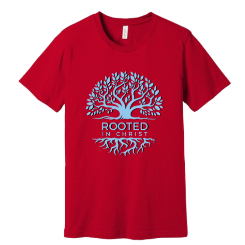 Unisex Jersey Short Sleeve Tee. Rooted in Christ (Red)