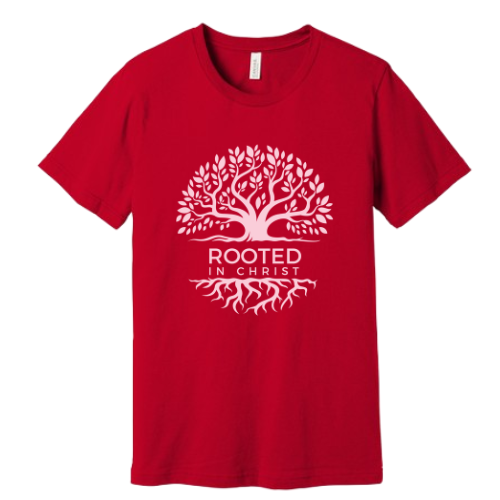 Unisex Jersey Short Sleeve Tee. Rooted in Christ (Red)