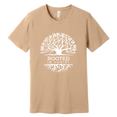 Unisex Jersey Short Sleeve Tee. Rooted in Christ (Sand)