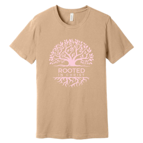 Unisex Jersey Short Sleeve Tee. Rooted in Christ (Sand)