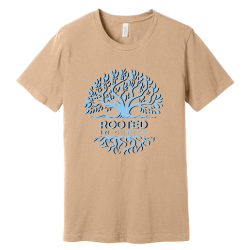 Unisex Jersey Short Sleeve Tee. Rooted in Christ (Sand)