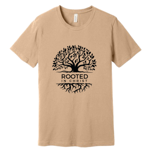 Unisex Jersey Short Sleeve Tee. Rooted in Christ (Sand)