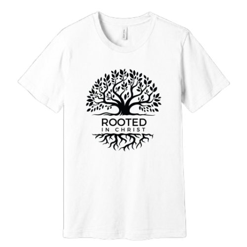 Unisex Jersey Short Sleeve Tee. Rooted in Christ (White)