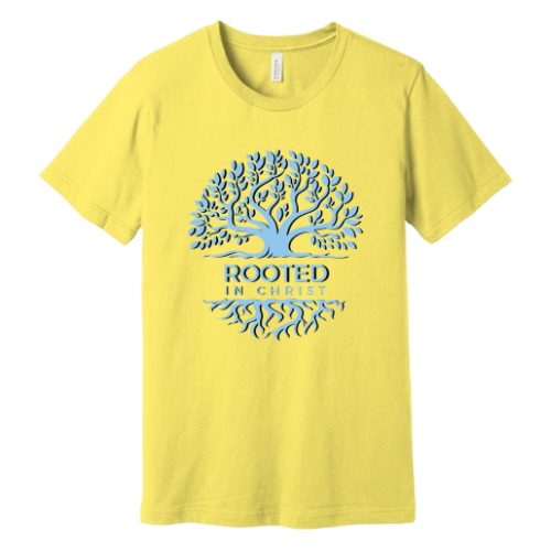 Unisex Jersey Short Sleeve Tee. Rooted in Christ (Yellow)