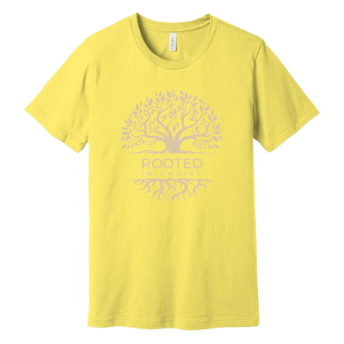 Unisex Jersey Short Sleeve Tee. Rooted in Christ (Yellow)