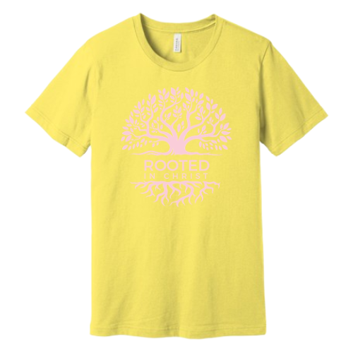 Unisex Jersey Short Sleeve Tee. Rooted in Christ (Yellow)
