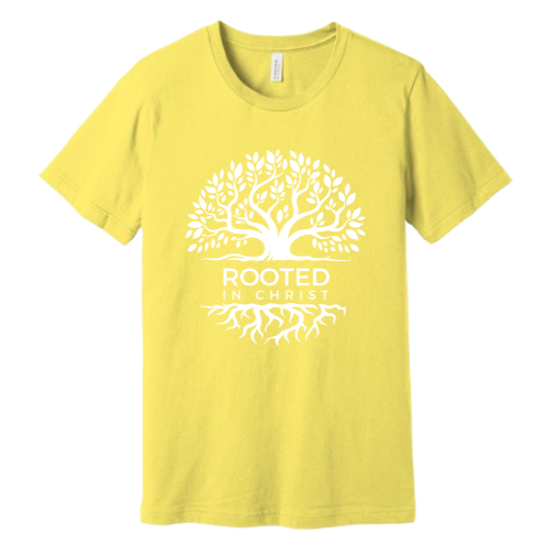 Unisex Jersey Short Sleeve Tee. Rooted in Christ (Yellow)