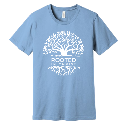 Unisex Jersey Short Sleeve Tee. Rooted in Christ (Sky Blue)