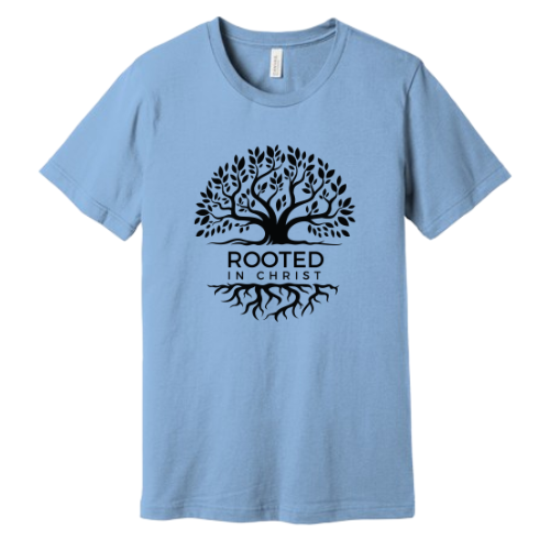Unisex Jersey Short Sleeve Tee. Rooted in Christ (Sky Blue)