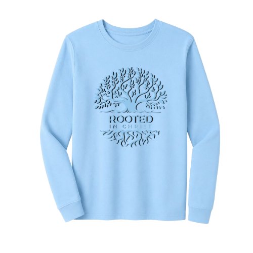 Unisex Jersey Long Sleeve Tee - Rooted In Christ (Sky Blue)