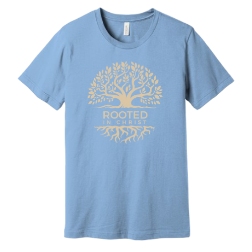 Unisex Jersey Short Sleeve Tee. Rooted in Christ (Sky Blue)
