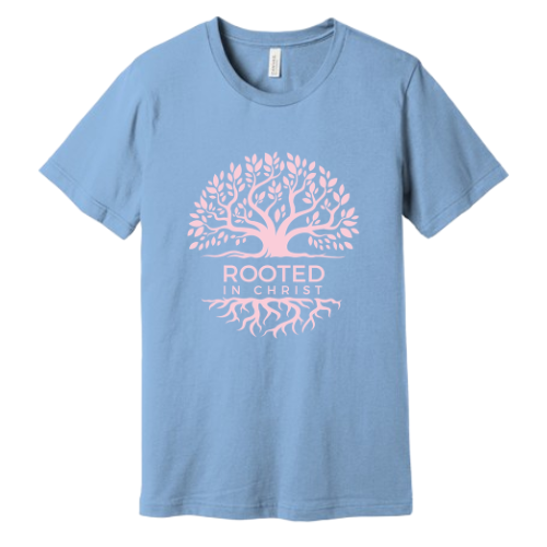 Unisex Jersey Short Sleeve Tee. Rooted in Christ (Sky Blue)