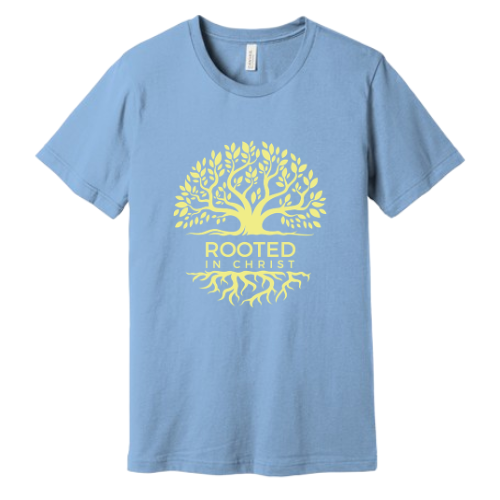 Unisex Jersey Short Sleeve Tee. Rooted in Christ (Sky Blue)