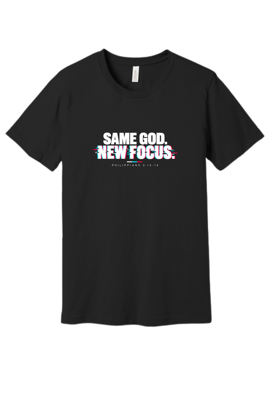 Unisex Jersey Short Sleeve Tee. Same God New Focus (Black)